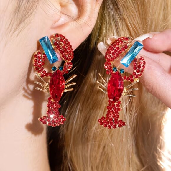 Jewelry - Colorful Red Lobster Rhinestone Statement Dangle Earrings (BRAND-NEW & SO CUTE!)